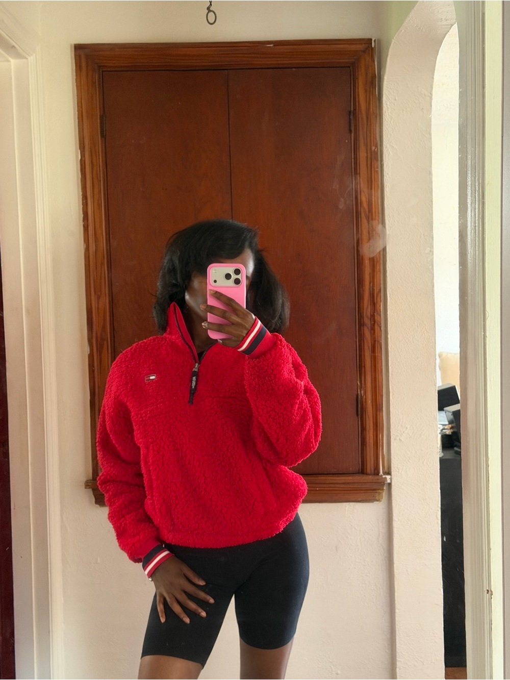 Tommy Hilfiger Red Sherpa Quarter-Zip Teddy Jacket